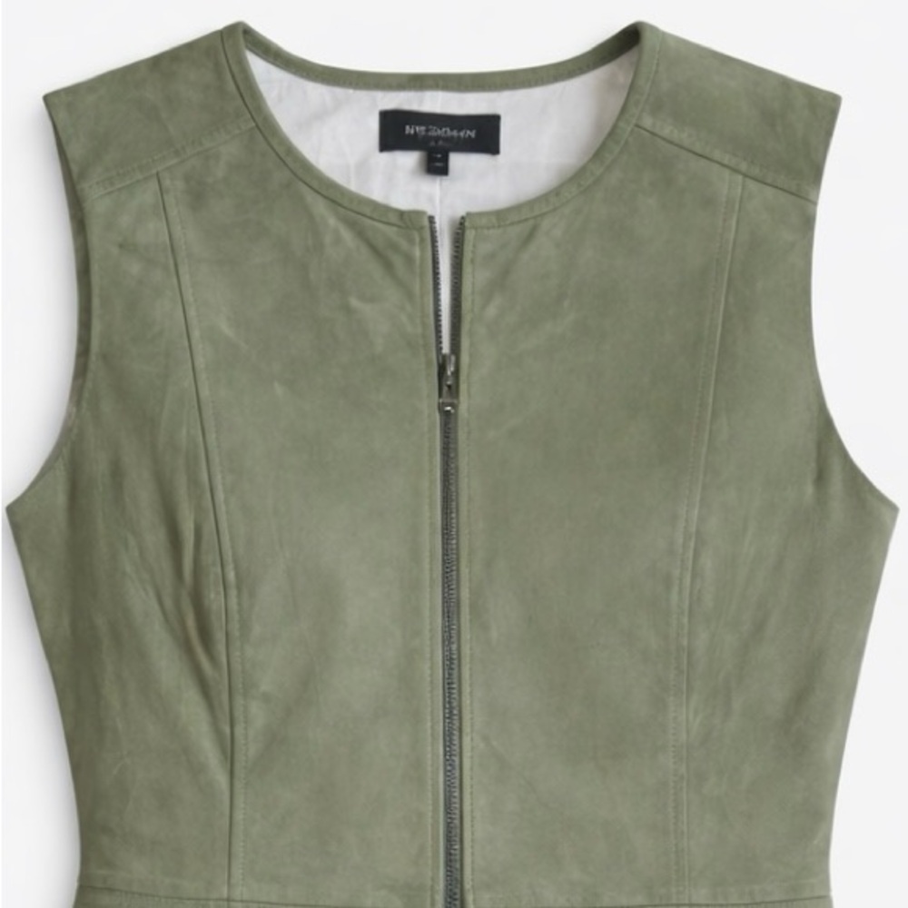 St. John leather suede green zip midi dress. Striped lining. Very good cond. -14 - Picture 4 of 6